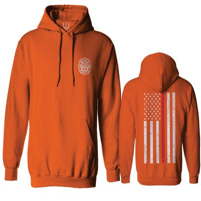 0058. American Flag Thin Red Line Firefighter Support Seal Sweatshirt Pullover Hoodie (Orange, Small)