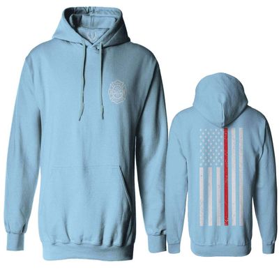0058. American Flag Thin Red Line Firefighter Support Seal Sweatshirt Pullover Hoodie (Light Blue, Large)