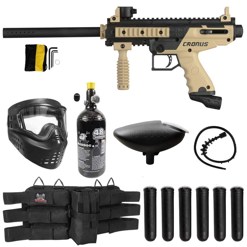 Maddog Tippmann Cronus Basic Paintball Gun Marker and Accessory Starter Package [HPA] |Titanium Kit - Marker, 48ci/3000psi Compressed Air Tank, Mask, Hopper, 6+1 Harness, & (6) Pods