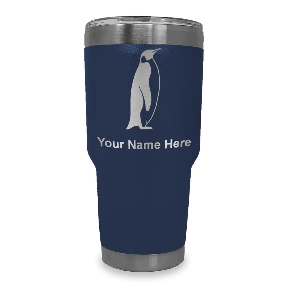LaserGram 30oz Vacuum Insulated Tumbler Mug, Penguin, Personalized Engraving Included (Navy Blue)