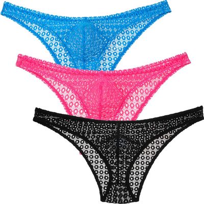 Jaxu Sexy Mens Semi See-through Lace Bikini Briefs Underwear Breathable Cheeky Briefs Sissy Skimpy Underpants 3-Pack(blue,hot pink,black) L