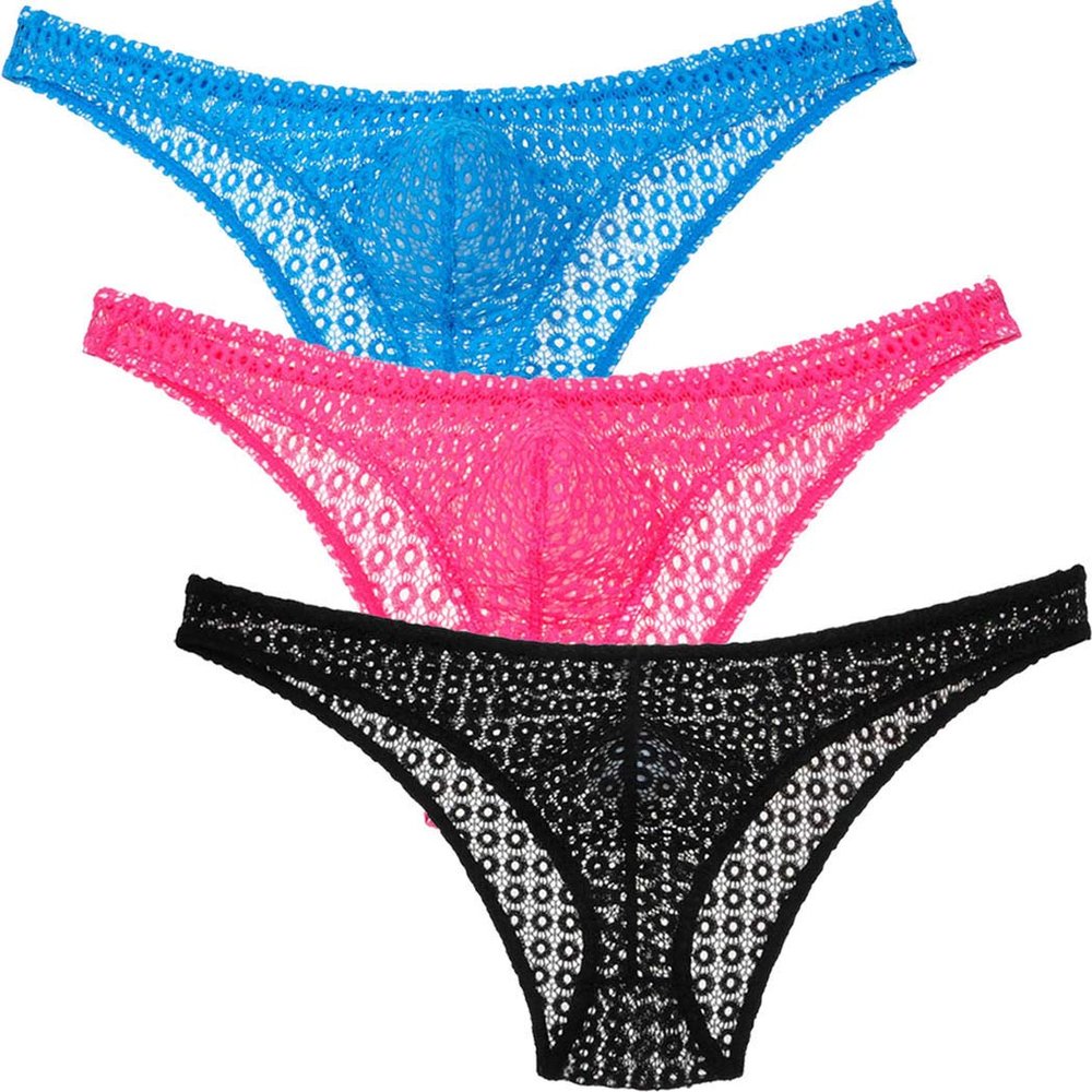 Jaxu Sexy Mens Semi See-through Lace Bikini Briefs Underwear Breathable Cheeky Briefs Sissy Skimpy Underpants 3-Pack(blue,hot pink,black) L