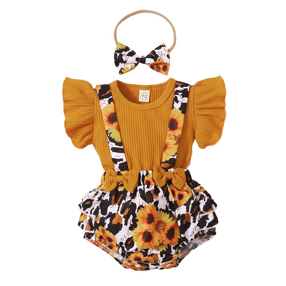 Okbabeha Infant Newborn Baby Girl Summer Floral Shorts Outfit Ruffle Shirt Suspender Shorts with Headband 3pcs Clothes Set (Brown/Leopard, 6-12 Months)