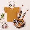 Okbabeha Infant Newborn Baby Girl Summer Floral Shorts Outfit Ruffle Shirt Suspender Shorts with Headband 3pcs Clothes Set (Brown/Leopard, 6-12 Months) view 2