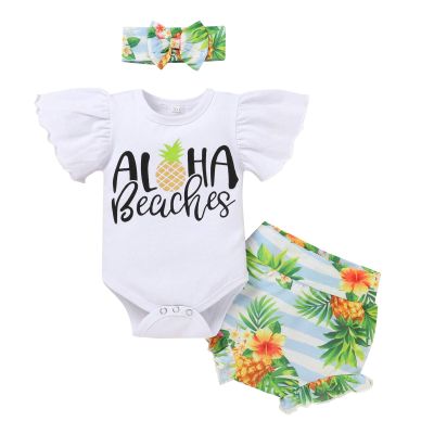 IMEKIS Aloha Beaches Pineapple Outfit Baby Girl Ruffle Sleeve Romper Shorts Pants Headband Hawaii Summer fruits 1st Birthday Coming Home Clothes Newborn Hawaiian 9-12 Months