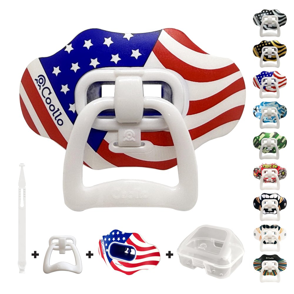 COOLLO SPORTS Lip Guard Mouthguard 2-in-1 Transformer Pacifier Football Mouthpiece Sports Lip Protector for Adults & Youth USA Flag & Fangs Mouthpiece (Case Included) (American Flag (Two Layers))