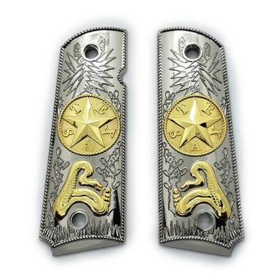 1911 Metal Grips, Gun Grips Screws Included, Full Size (Government/Commander), Scroll Texas Star Grips, Ambi Safety Cut Nickel Plated