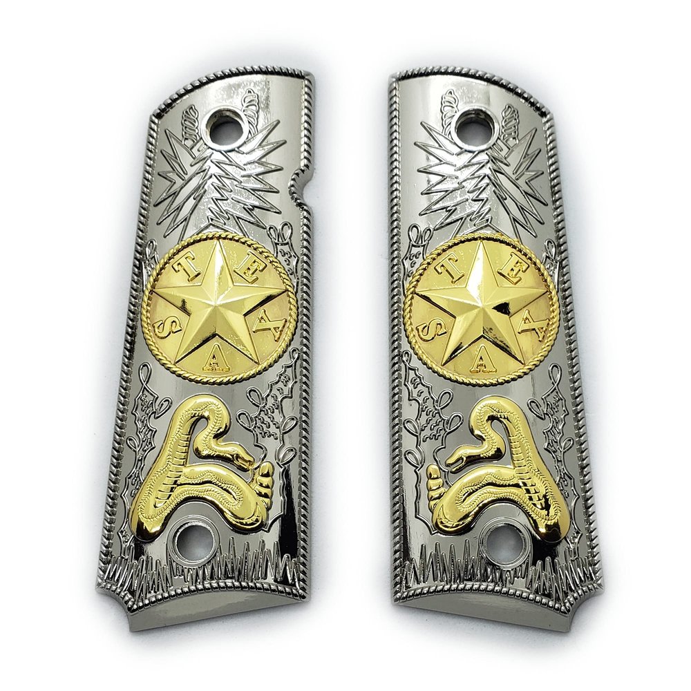 1911 Metal Grips, Gun Grips Screws Included, Full Size (Government/Commander), Scroll Texas Star Grips, Ambi Safety Cut Nickel Plated