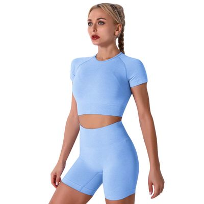 Women's Seamless Yoga Outfits Two Pieces Workout Short Sleeve Crop Top Sports Bra + High Waisted Running Shorts Sets Biker Activewear Athletic Fitness Gym Sexy Active Tracksuit Light Blue Medium