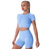Women's Seamless Yoga Outfits Two Pieces Workout Short Sleeve Crop Top Sports Bra + High Waisted Running Shorts Sets Biker Activewear Athletic Fitness Gym Sexy Active Tracksuit Light Blue Medium view 1