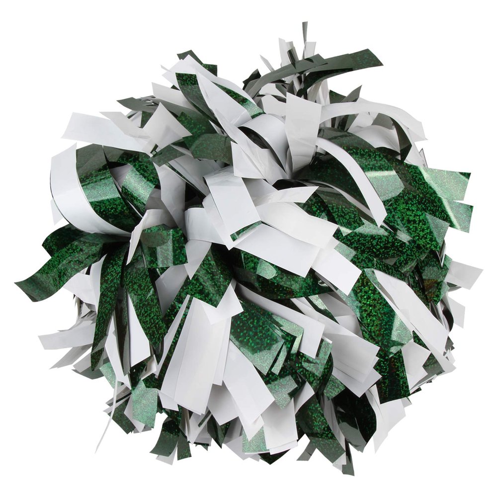 Cheerleading Pom Poms Metalic Holographic Cheerleader with Baton Handle 6 inch 1 Pair 2 Pieces (Hunter Green/White)