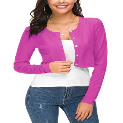 EXCHIC Women's Cropped Knit Cardigan Sweater Long Sleeve Button Down Open Front Bolero Shrug for Spring and Fall (M, Rose)