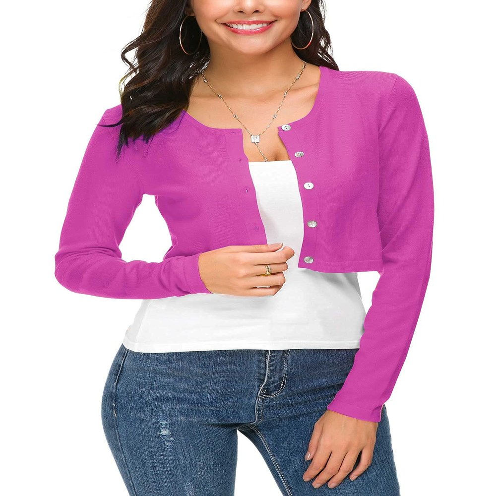 EXCHIC Women's Cropped Knit Cardigan Sweater Long Sleeve Button Down Open Front Bolero Shrug for Spring and Fall (M, Rose)