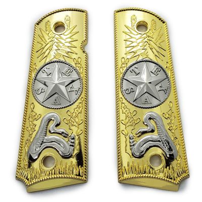 1911 Metal Grips, Gun Grips Screws Included, Full Size (Government/Commander), Scroll Texas Star Grips, Ambi Safety Cut Gold Nickel