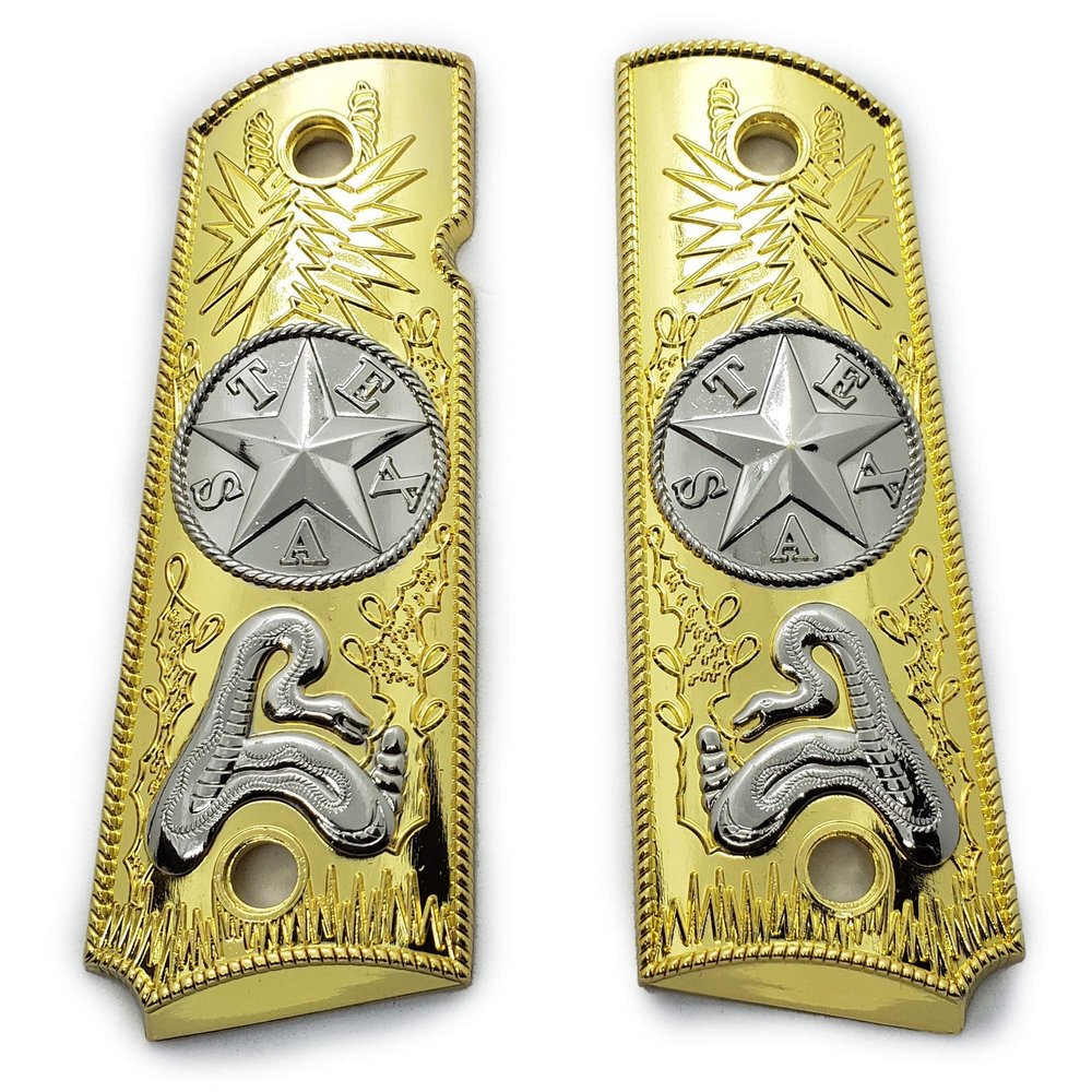 1911 Metal Grips, Gun Grips Screws Included, Full Size (Government/Commander), Scroll Texas Star Grips, Ambi Safety Cut Gold Nickel