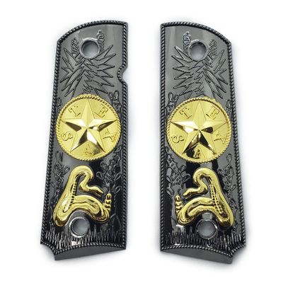 1911 Metal Grips, Gun Grips Screws Included, Full Size (Government/Commander), Scroll Texas Star Grips, Ambi Safety Cut Black Gold