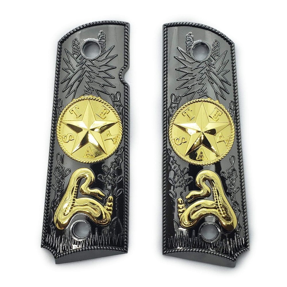 1911 Metal Grips, Gun Grips Screws Included, Full Size (Government/Commander), Scroll Texas Star Grips, Ambi Safety Cut Black Gold