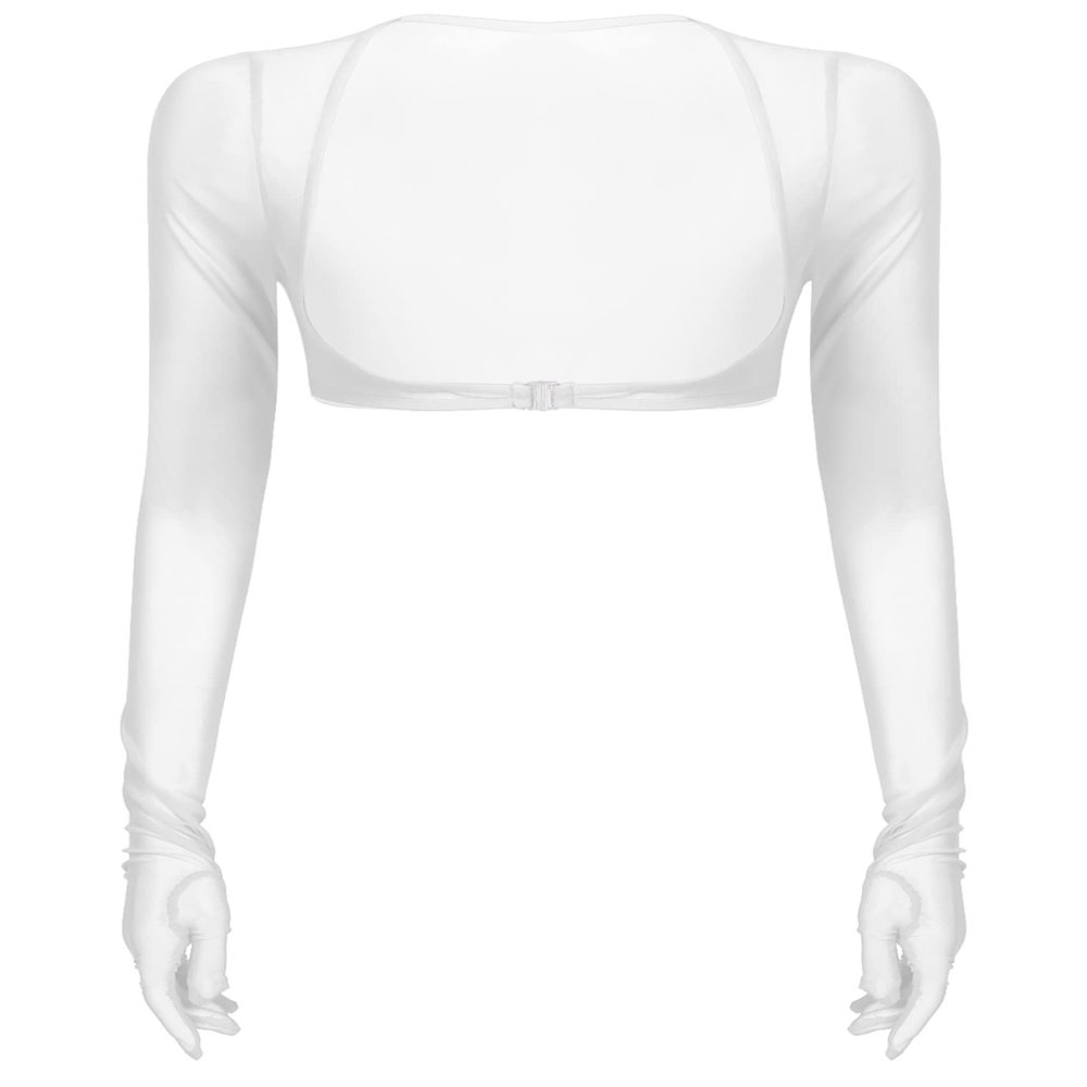 ACSUSS Women Mesh Gloves Tops Sun Protection Long Sleeve Open Front Buckle Crop Top Clubwear White Medium