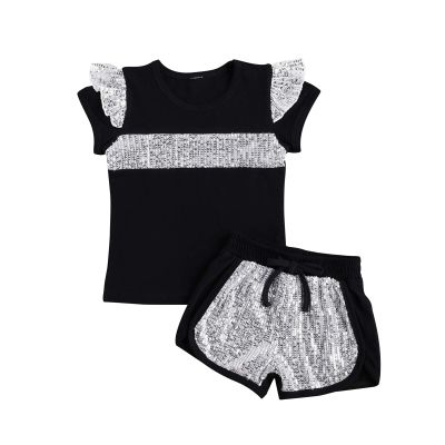 6M-7T Toddler Baby Girl Summer Clothes Set Cool Sequins T-Shirts Tees Tops Short Pants 2PCS Baby Girl Outfit Set (C Black, 6T-7T)