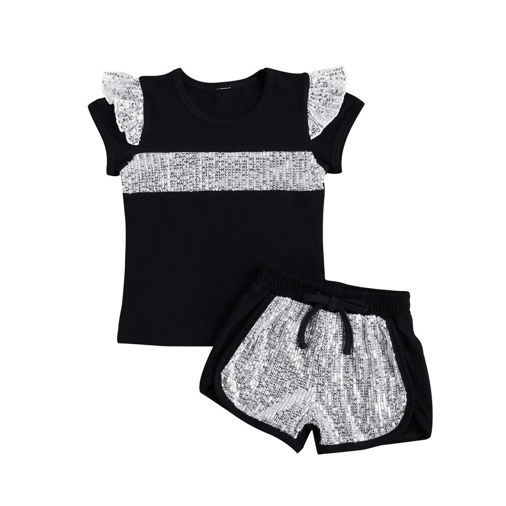 6M-7T Toddler Baby Girl Summer Clothes Set Cool Sequins T-Shirts Tees Tops Short Pants 2PCS Baby Girl Outfit Set (C Black, 6T-7T)