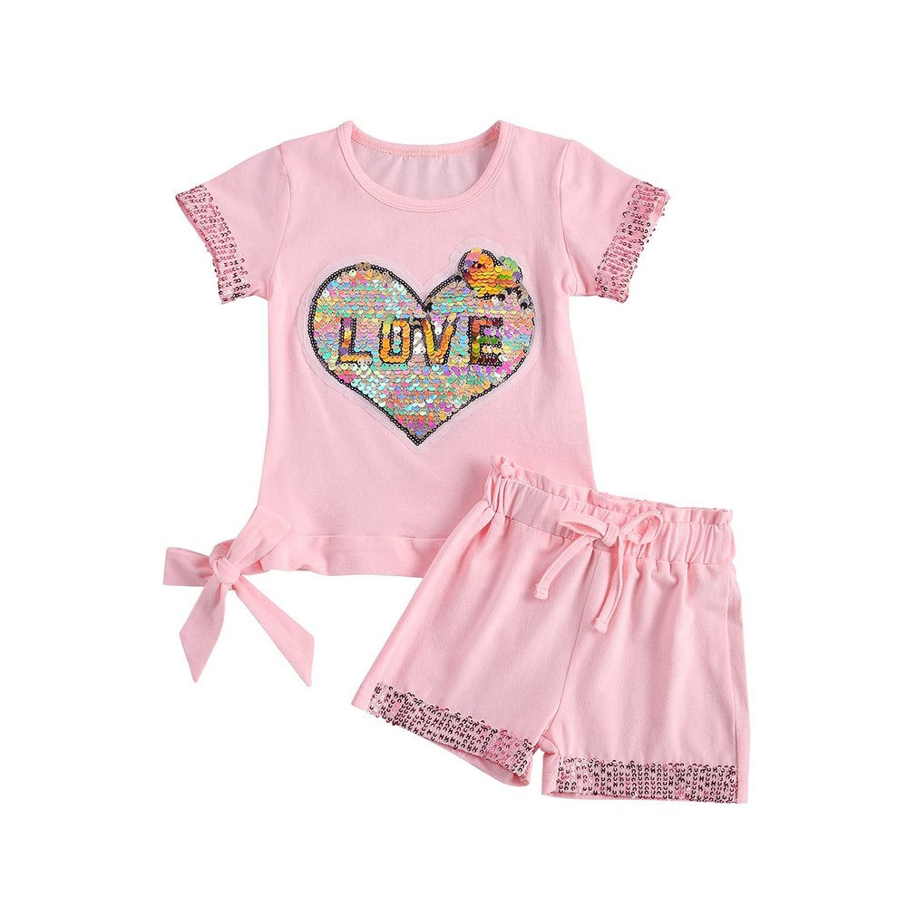 6M-7T Toddler Baby Girl Summer Clothes Set Cool Sequins T-Shirts Tees Tops Short Pants 2PCS Baby Girl Outfit Set (F Pink, 6T-7T)