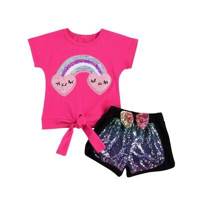 6M-7T Toddler Baby Girl Summer Clothes Set Cool Sequins T-Shirts Tees Tops Short Pants 2PCS Baby Girl Outfit Set (D Rose, 4T-5T)