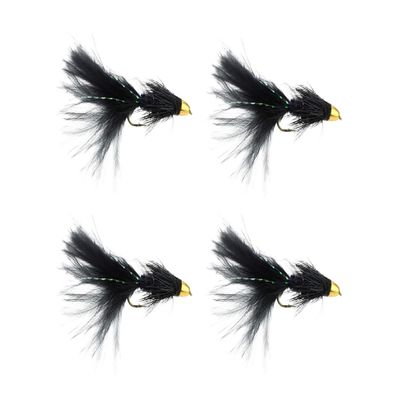 Wild Water Fly Fishing Cone Head Black Wooly Buggers, Size 8, Qty. 4, for Deeper Water Fish, Trout, Pike, and Bass