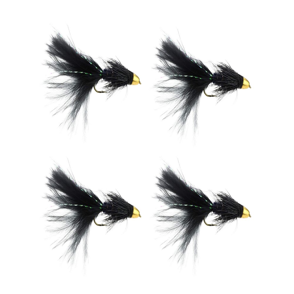 Wild Water Fly Fishing Cone Head Black Wooly Buggers, Size 8, Qty. 4, for Deeper Water Fish, Trout, Pike, and Bass