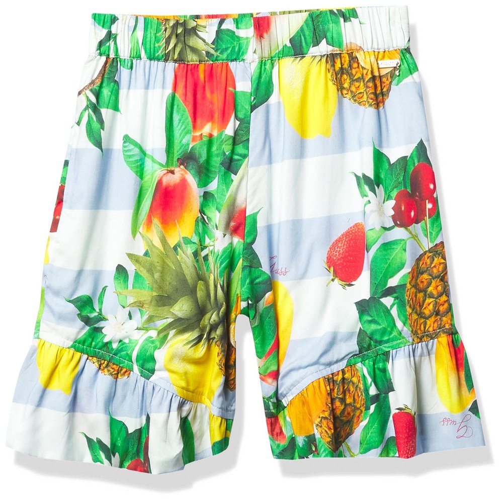 GUESS Girls' Big Soft Woven Ruffled Hem Pull on Shorts, Fruit Print, 16