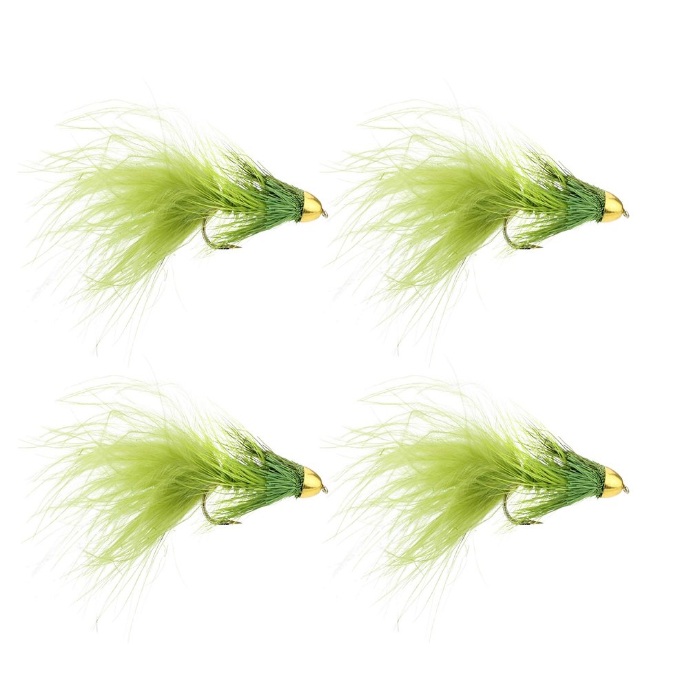 Wild Water Fly Fishing Cone Head Olive Wooly Buggers, Size 6, Qty. 4, for Deeper Water Fish, Trout, Pike, and Bass
