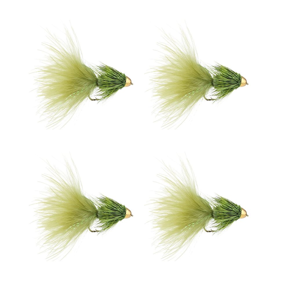 Wild Water Fly Fishing Cone Head Olive Wooly Buggers, Size 8, Qty. 4, for Deeper Water Fish, Trout, Pike, and Bass