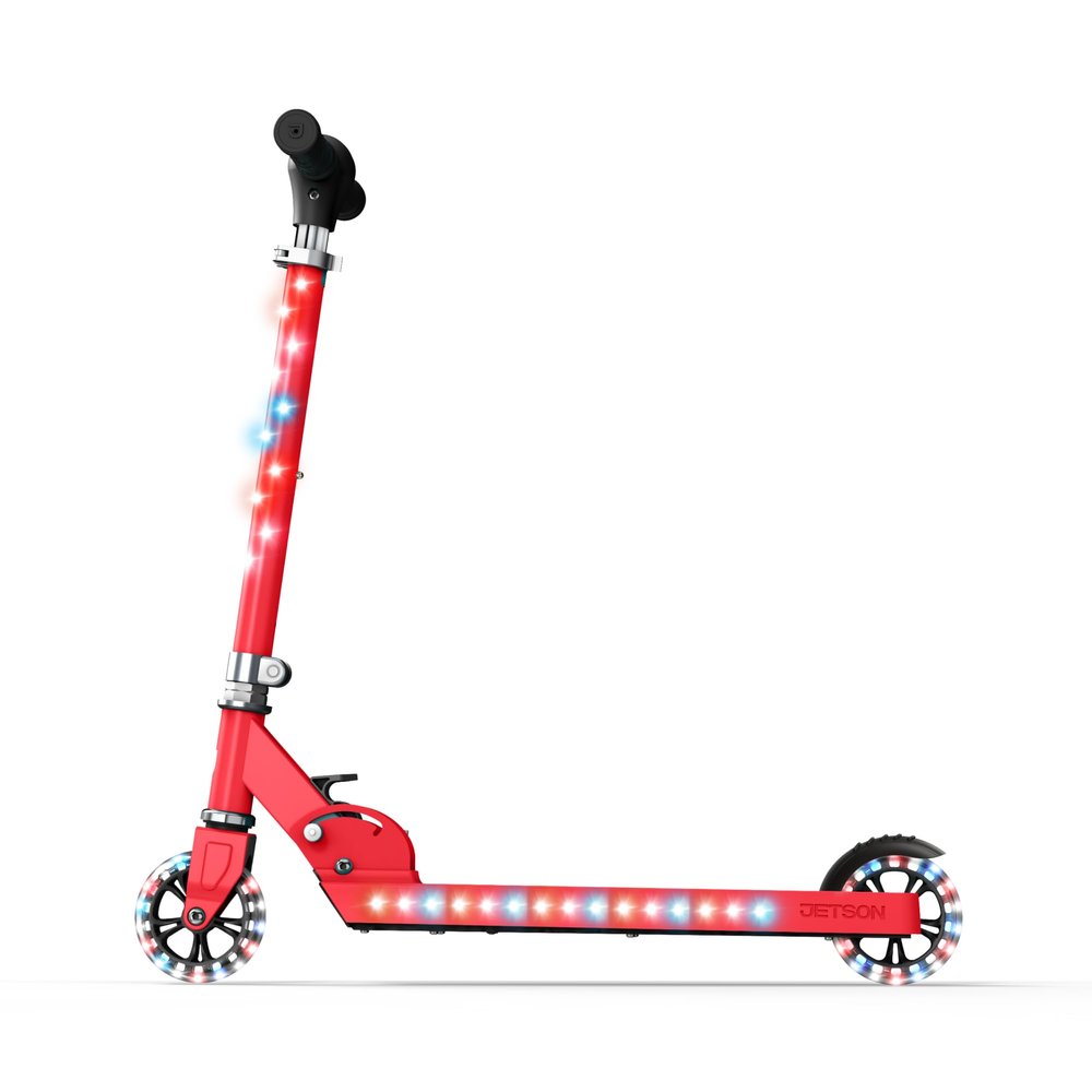 Jetson Scooters - Jupiter Kick Scooter (Red) - Collapsible Portable Kids Push Scooter - Lightweight Folding Design with High Visibility RGB Light Up LEDs on Stem, Wheels, and Deck