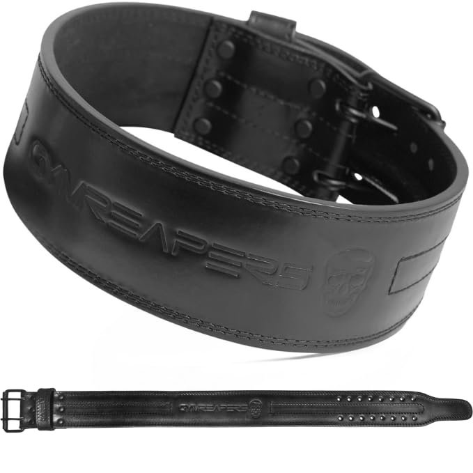 Gymreapers Weightlifting Belt 6MM Genuine Leather - Double Prong Power Belt Heavy Duty 4-Inch Wide - Strong, Stabilizing Back Support for Deadlifts, Squats Powerlifting (Black, Large)