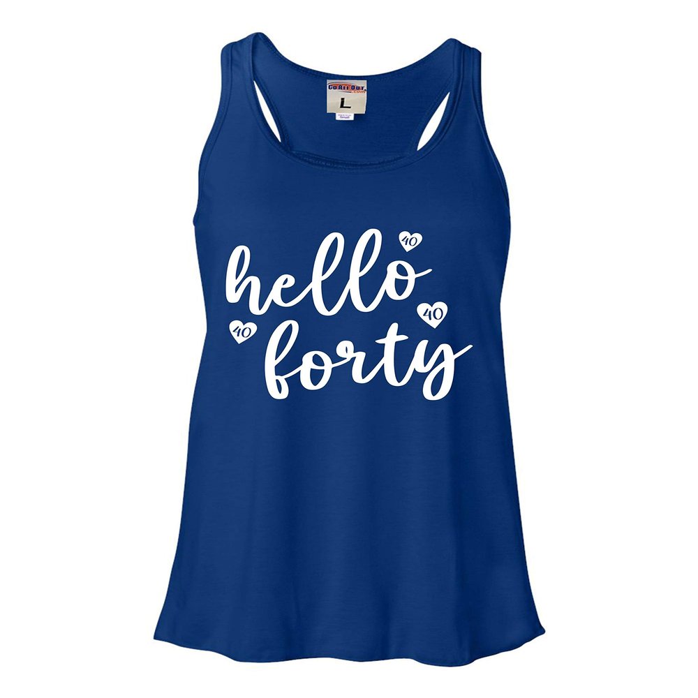 Go All Out Large Royal Womens Hello Forty Funny 40 40th Birthday Flowy Racerback Tank Top T-Shirt