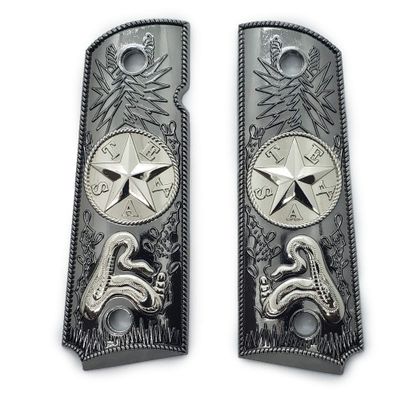 1911 Metal Grips, Gun Grips Screws Included, Full Size (Government/Commander), Scroll Texas Star Grips, Ambi Safety Cut Black Nickel Plated