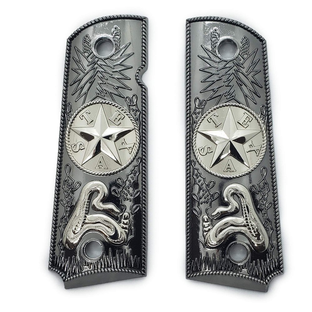 1911 Metal Grips, Gun Grips Screws Included, Full Size (Government/Commander), Scroll Texas Star Grips, Ambi Safety Cut Black Nickel Plated