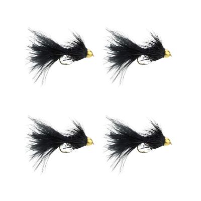 Wild Water Fly Fishing Cone Head Black Wooly Buggers, Size 6, Qty. 4, for Deeper Water Fish, Trout, Pike, and Bass