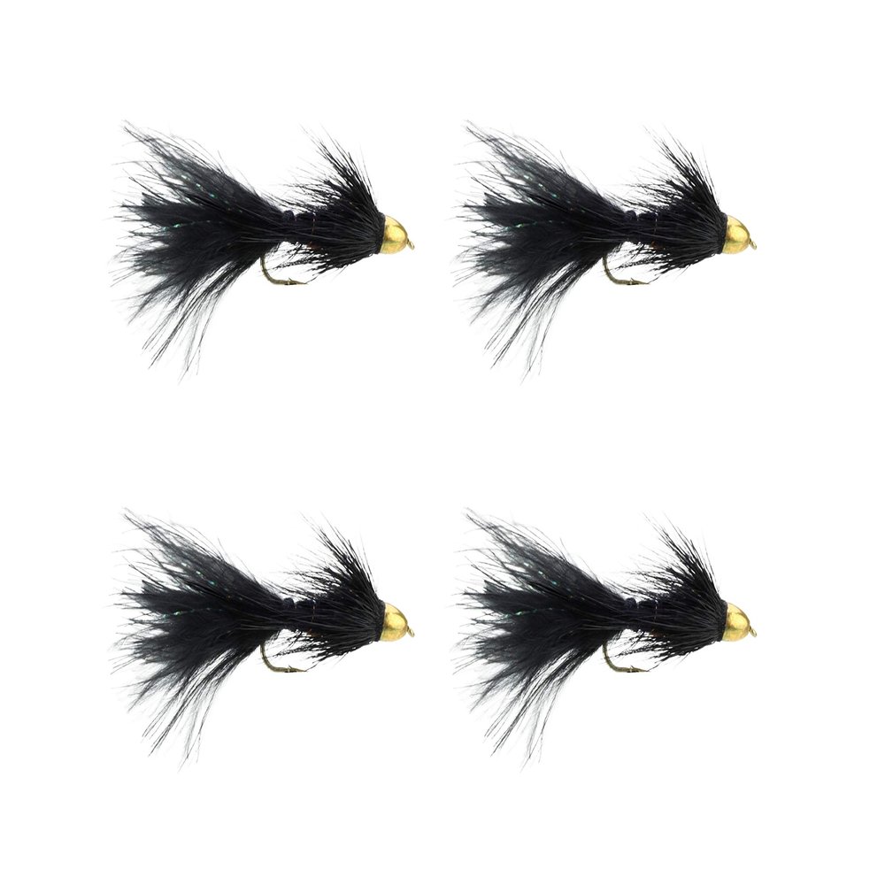 Wild Water Fly Fishing Cone Head Black Wooly Buggers, Size 6, Qty. 4, for Deeper Water Fish, Trout, Pike, and Bass
