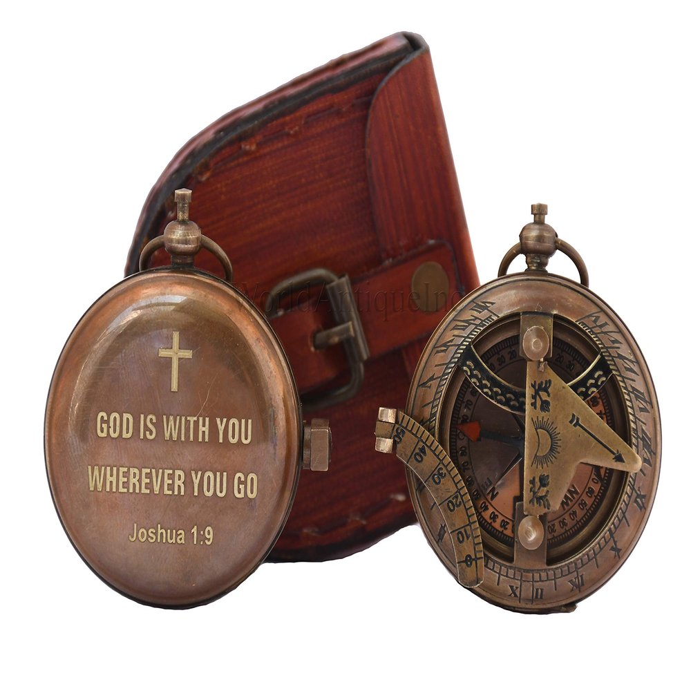 Engraved Sundial Compass - Vintage Personalized Compass- Antique Nautical Brass Compass for Men and Women, Gift for Birthday (Joshua 1:9)