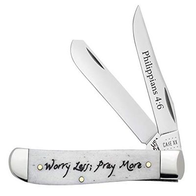 Case XX WR Pocket Knife Mini Trapper Worry Less, Pray More Natural Smooth Bone Item #60869 - (6207 SS) - Length Closed: 3 1/2 Inches Closed