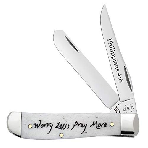 Case XX WR Pocket Knife Mini Trapper Worry Less, Pray More Natural Smooth Bone Item #60869 - (6207 SS) - Length Closed: 3 1/2 Inches Closed