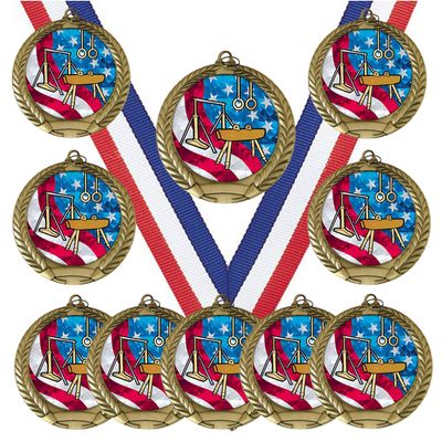 10 Pack of Male Boys Gymnastics Gold Medals Trophy Award with Neck Ribbons MY512