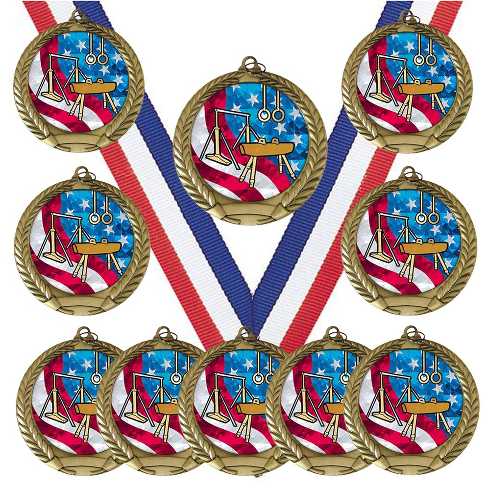 10 Pack of Male Boys Gymnastics Gold Medals Trophy Award with Neck Ribbons MY512