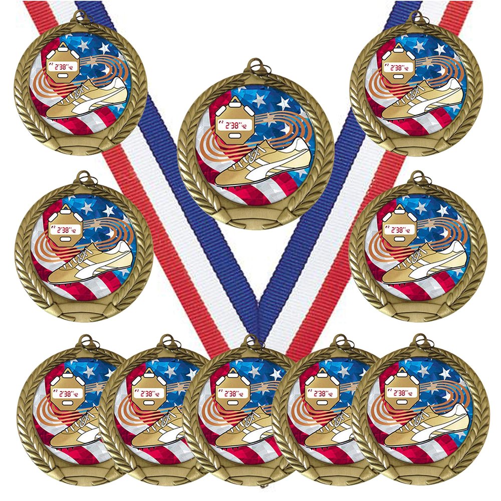 10 Pack of Track Gold Medals Trophy Award with Neck Ribbons MY521