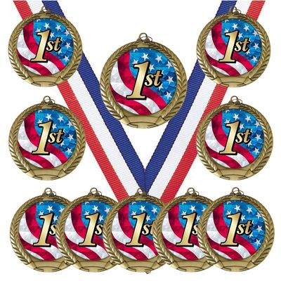 10 Pack of 1st Place Gold Medals Trophy Award with Neck Ribbons MY525
