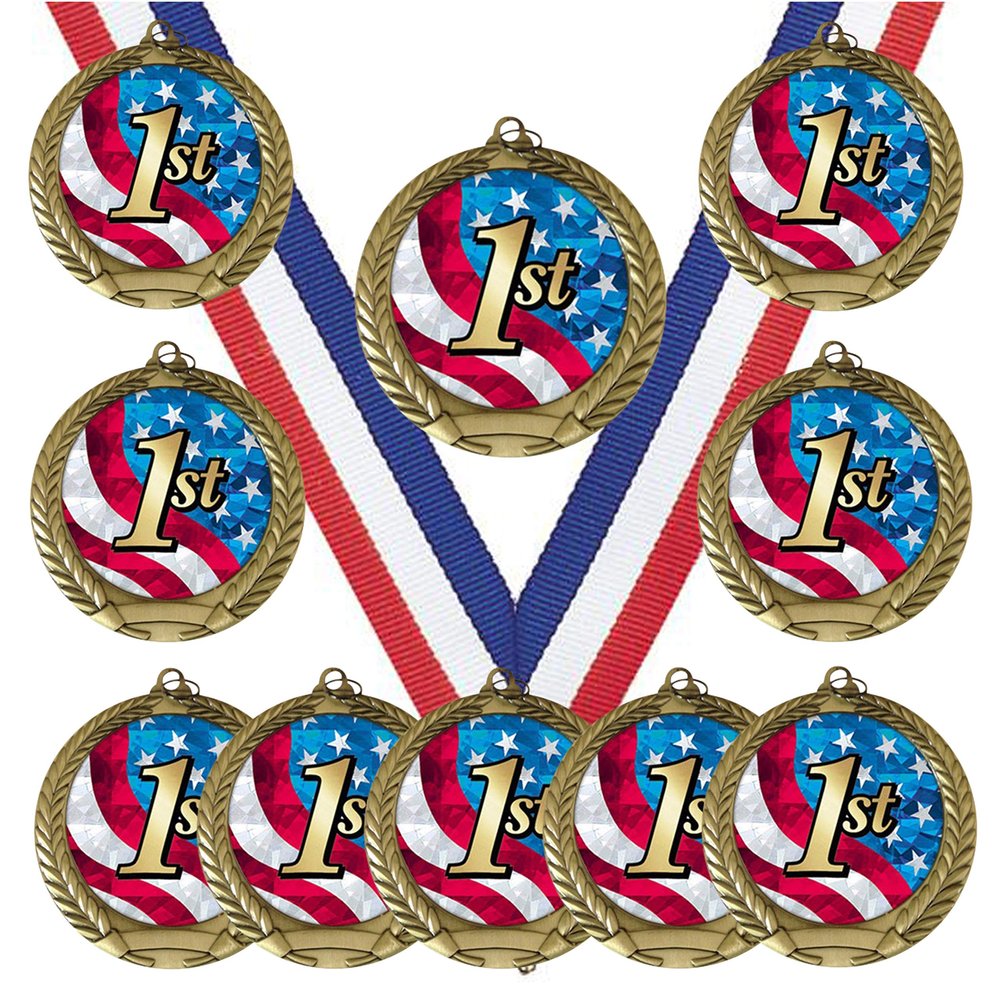 10 Pack of 1st Place Gold Medals Trophy Award with Neck Ribbons MY525