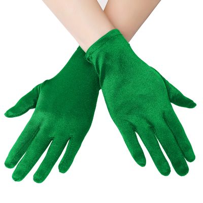 EORUBE Short Opera Satin Gloves for Women - Wrist Length Banquet Tea Party Halloween Costume (Smooth 8.6" - Green)