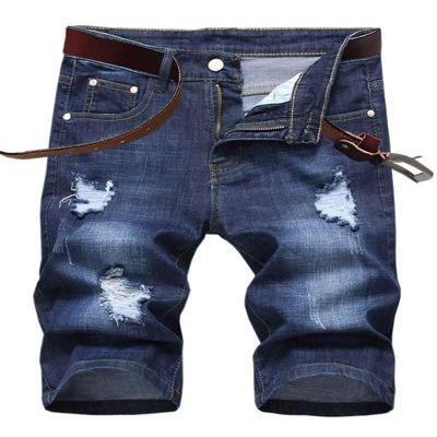 SHOOYING Men's Summer Stretch Distressed Holes Denim Short Casual Holiday Jean Shorts with Pockets, Blue, US 42