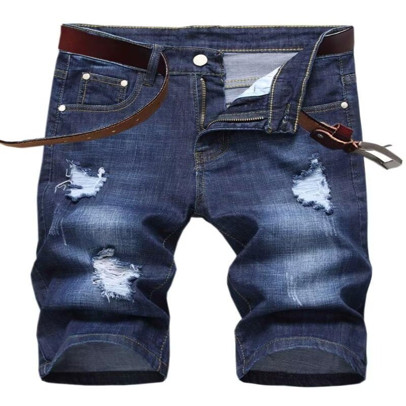 SHOOYING Men's Summer Stretch Distressed Holes Denim Short Casual Holiday Jean Shorts with Pockets, Blue, US 42