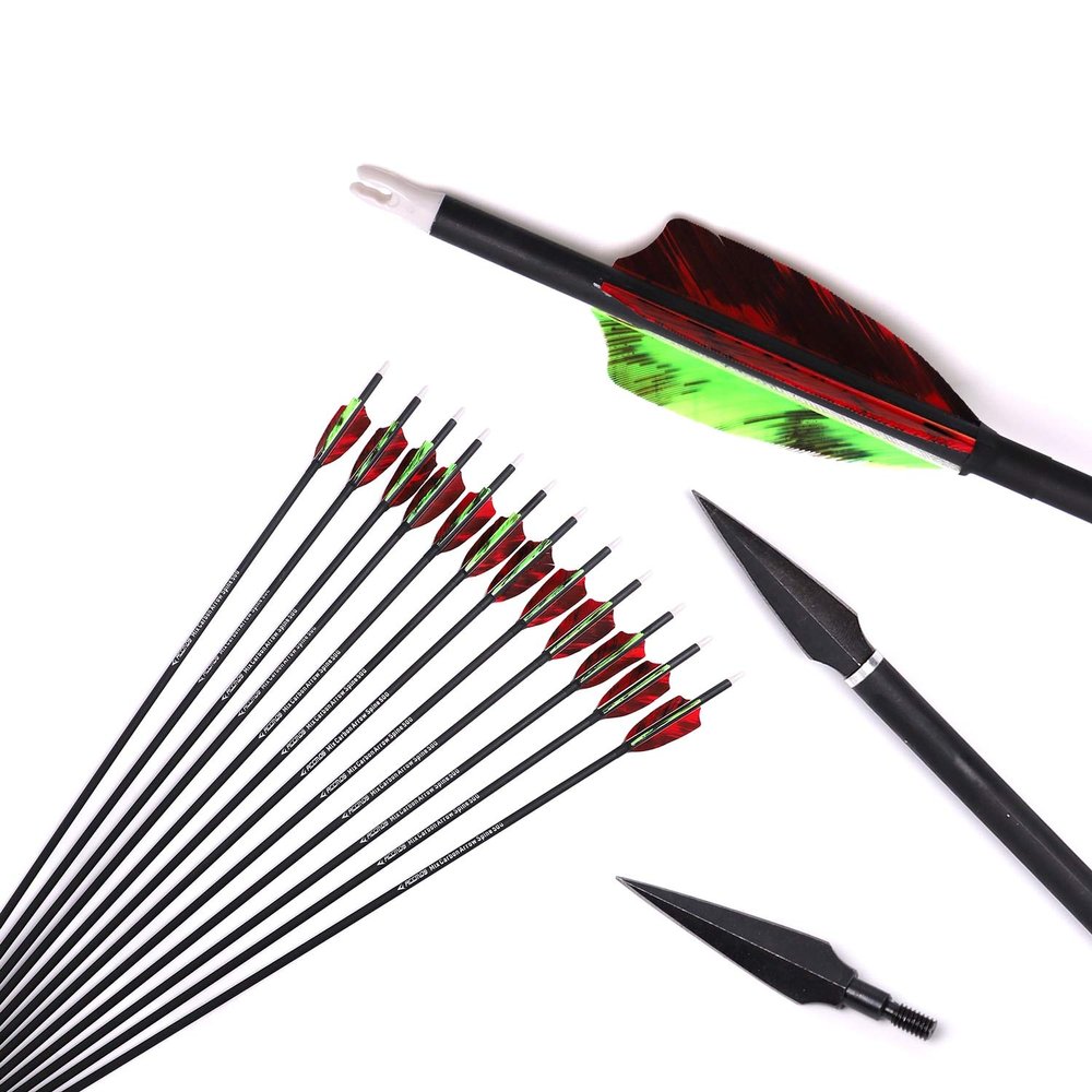 28 Inch Arrow 500 Spine Arrow Target Practice Arrow Hunting Arrow Carbon Arrows Compound Bow Recurve Bow Adult Youth Archery Indoor Outdoor Shooting Broadhead Tip 12pc Red